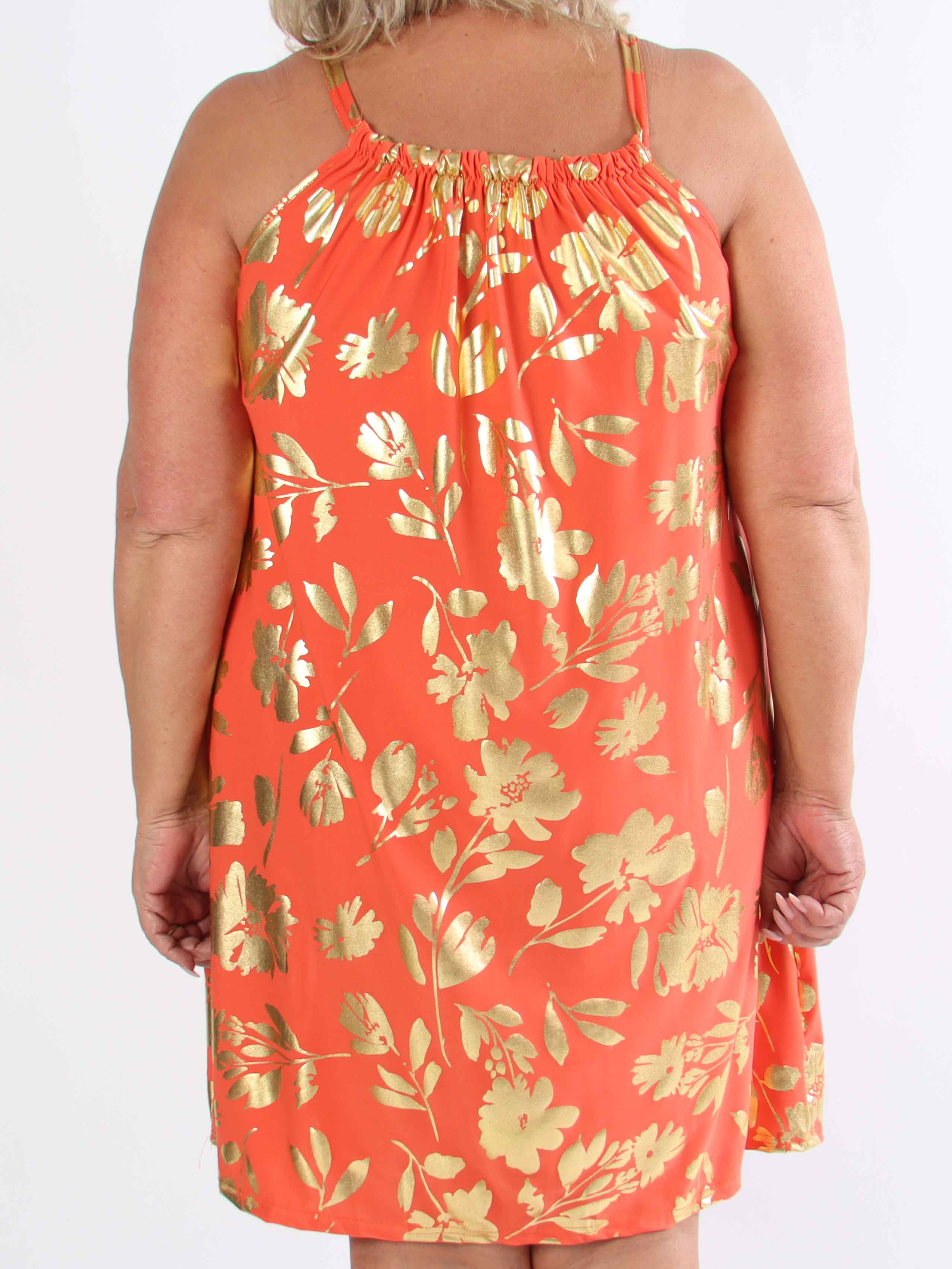 SunLove Gold Flower - Elastisk plus size stropkjole med store guldblade